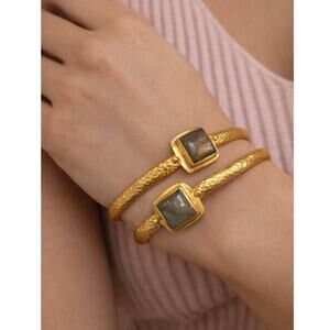 Julie Vos Gold Bangles Set of 2 Medium Stacking Bracelets Gray Stone Boho Layer